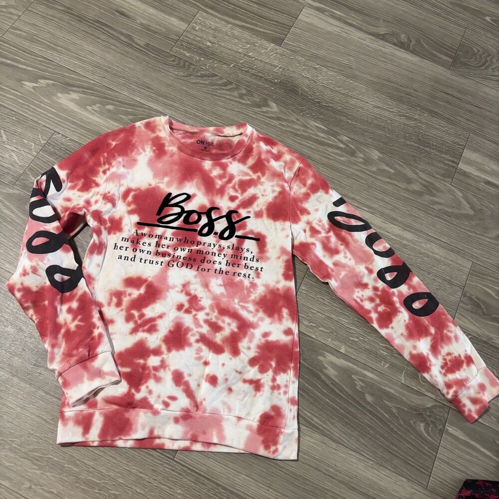 On Fire Red White Tie Dye "BOSS" Sweat Shirt Size Medium